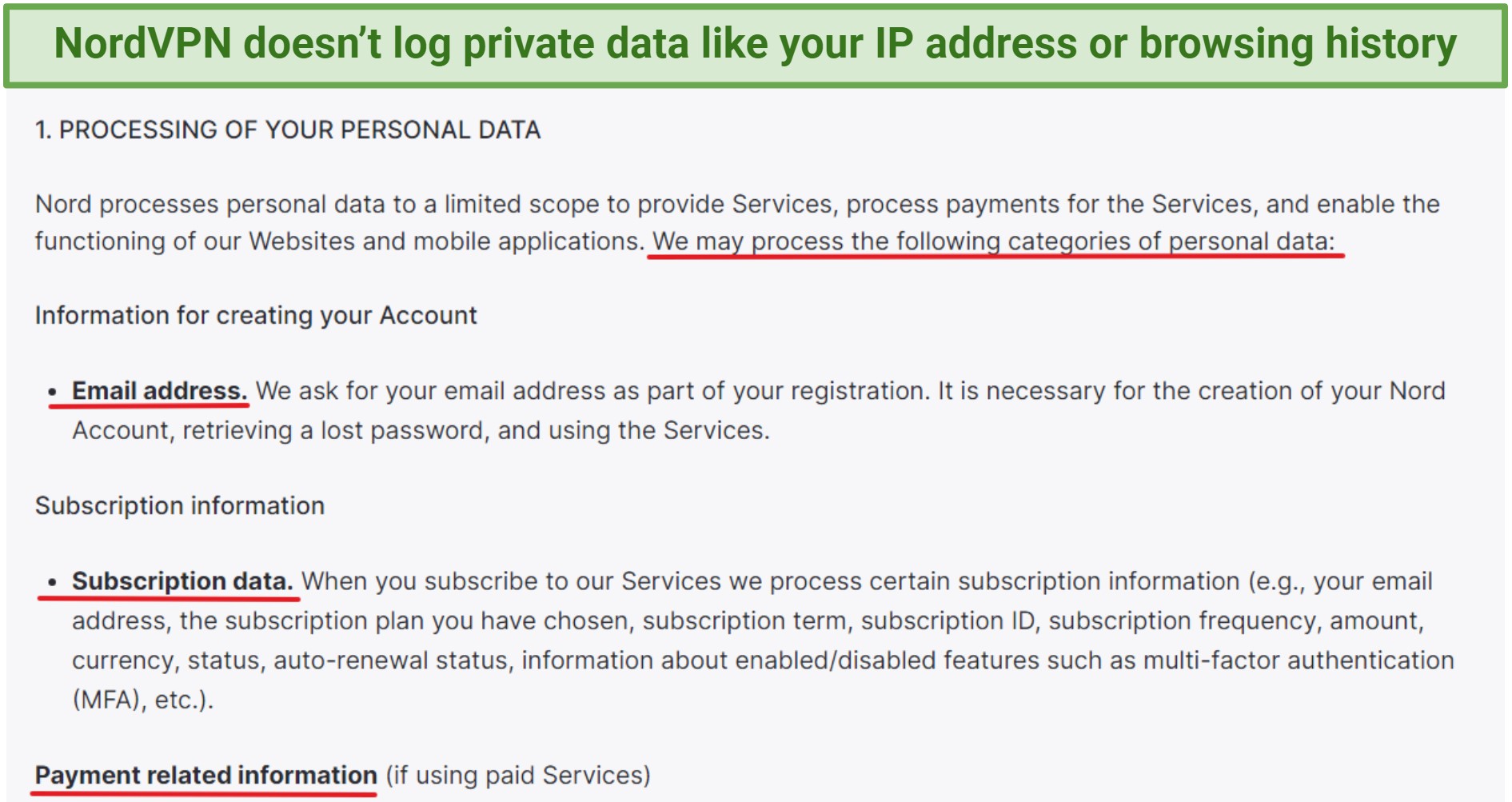 Screenshot of NordVPN's privacy policy
