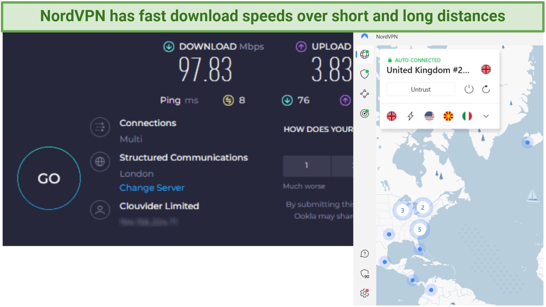 Screenshot of Ookla speed test recording NordVPN's speeds on the nearby UK server