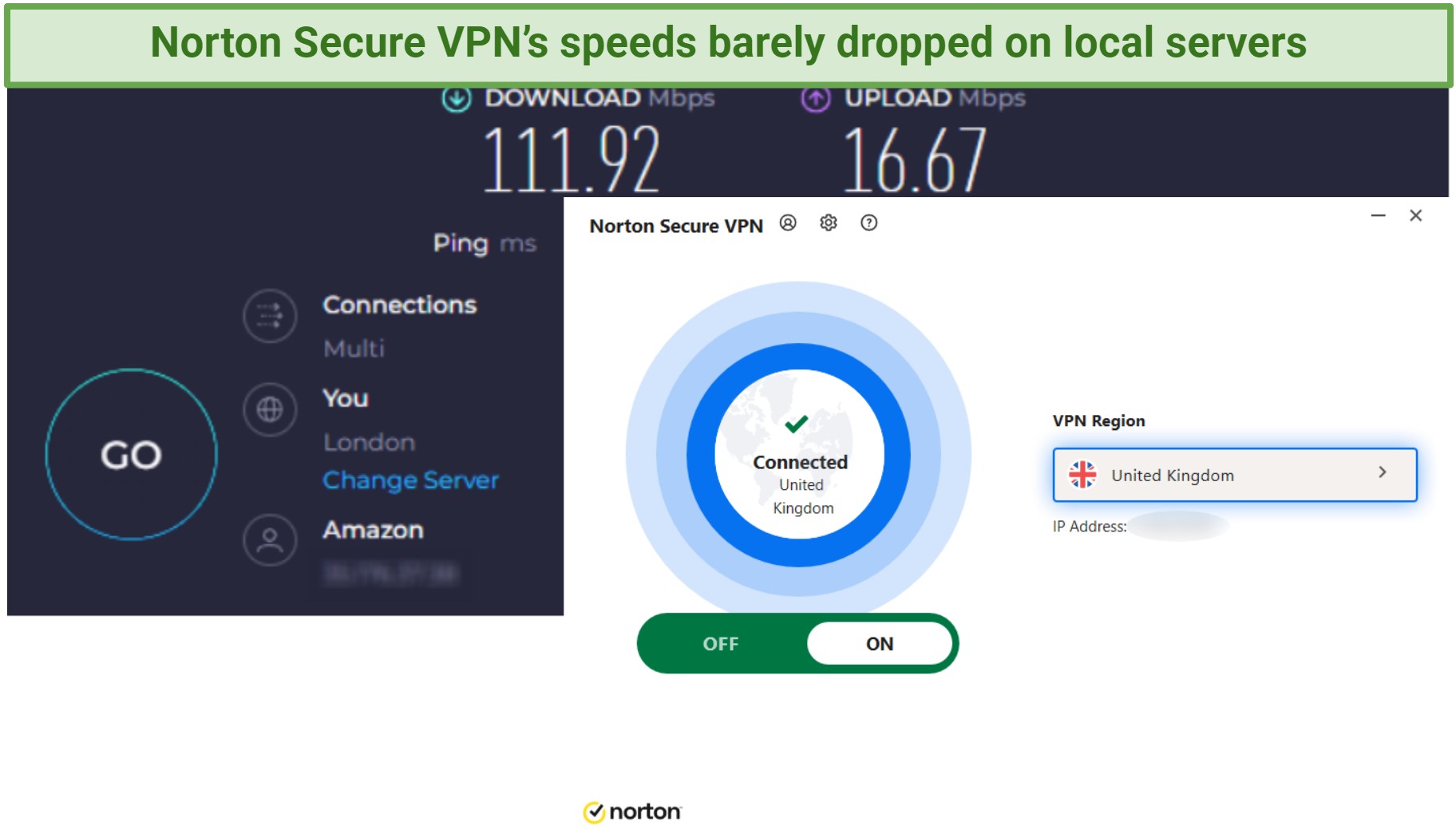 Screenshot of Ookla speed test recording Norton Secure VPN's speeds on the nearby UK server
