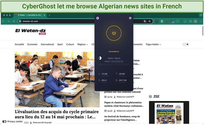 A screenshot of browsing news on El Watan with CyberGhost VPN connected to an Algerian server