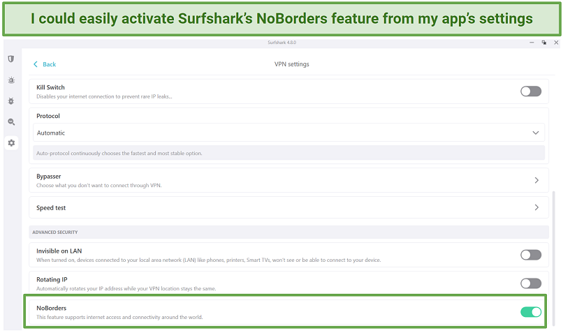 Screenshot showing Surfshark&rsquo;s interface and how to activate NoBorders mode