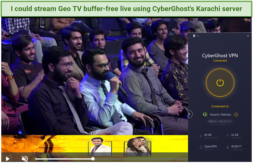 A screenshot showing Geo TV with CyberGhost&rsquo;s Karachi servers