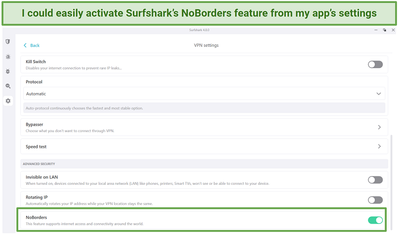 Screenshot showing Surfshark's interface and how to activate NoBorders mode