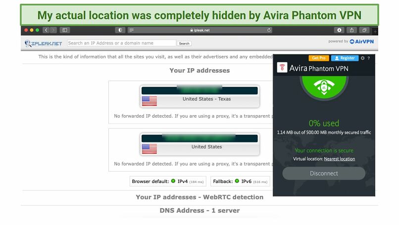 Screenshot of test performed on Ipleak.net while connected to Avira Phantom VPN