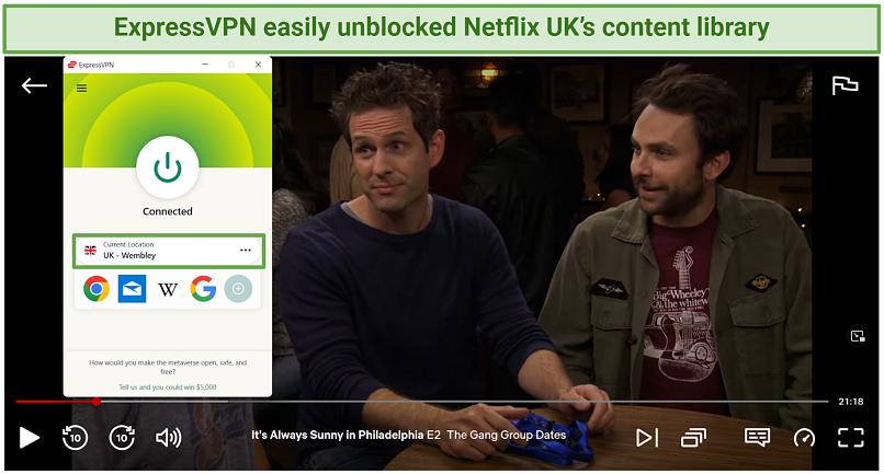 A screenshot of an episode of It's Always Sunny in Philadelphia streaming on Netflix UK using ExpressVPN