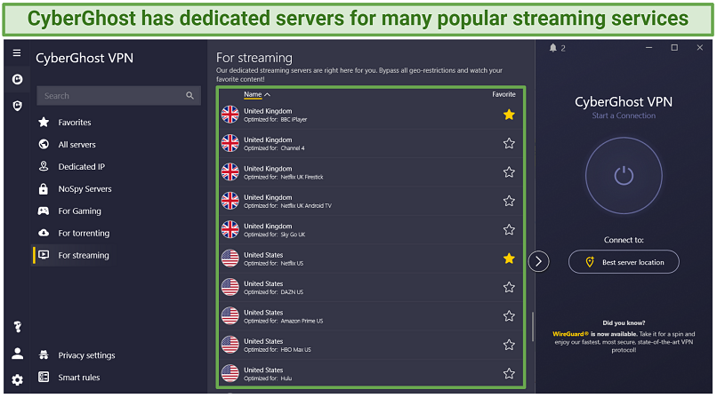 A screenshot of streaming platforms that CyberGhost has streaming optimized servers for
