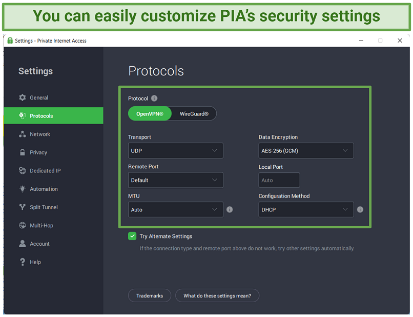 A screenshot of PIA's Windows app showing its security settings