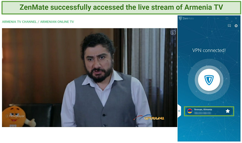 A screenshot of ZenMate unblocking Armenia TV