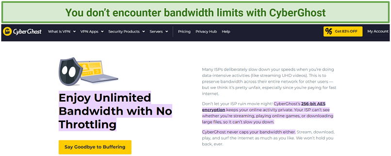 A screenshot showing CyberGhost offer unlimited bandwidth