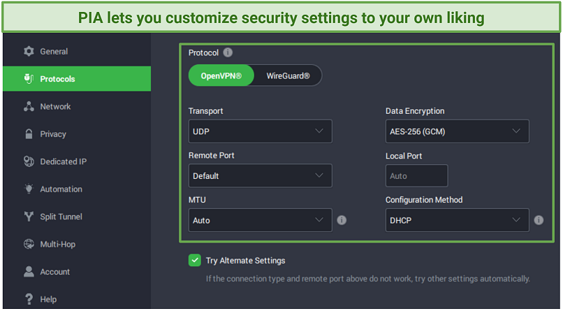 A screenshot showing PIA let you customize your security settings