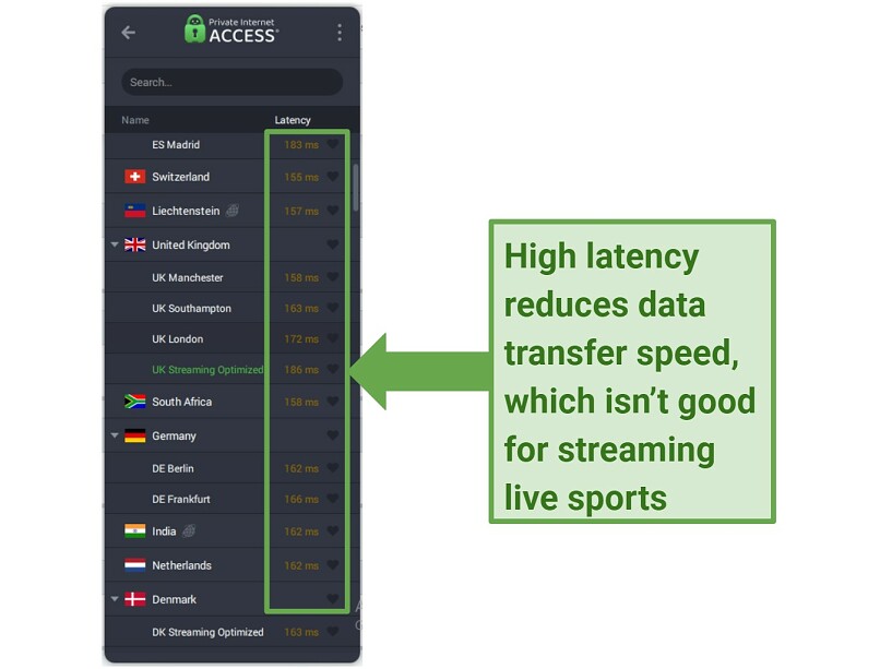 Screenshot of the PIA app showing the latency for different servers