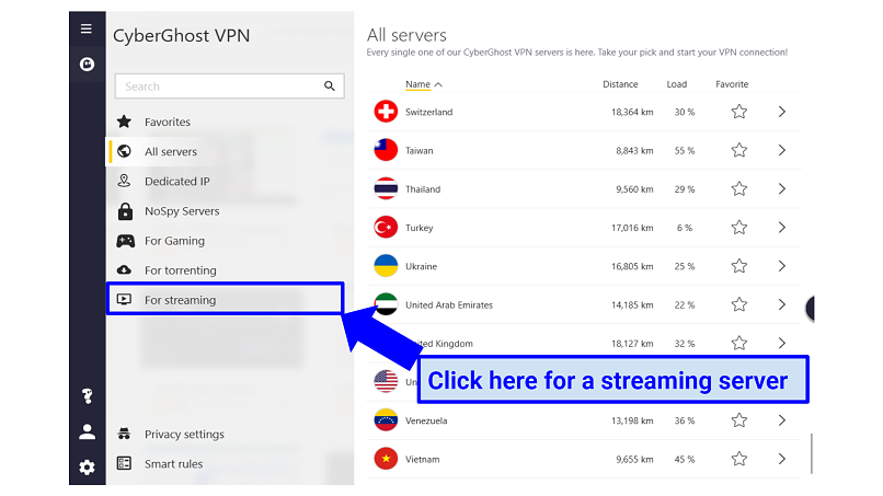 Graphic showing CyberGhost optimized servers
