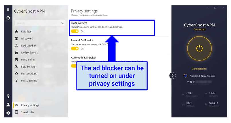 Graphic showing CyberGhost ad blocker