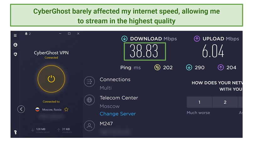 Screenshot showing CyberGhost Test Results using Russian server