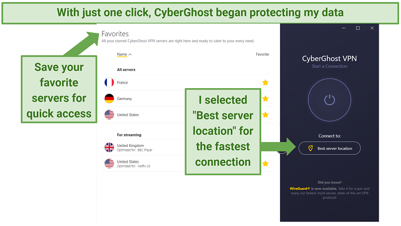 CyberGhost Windows app indicating where to select and save serve