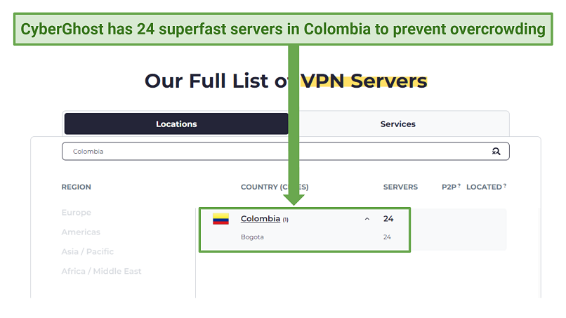 Screenshot showing the number of Colombia IPs available with CyberGhost
