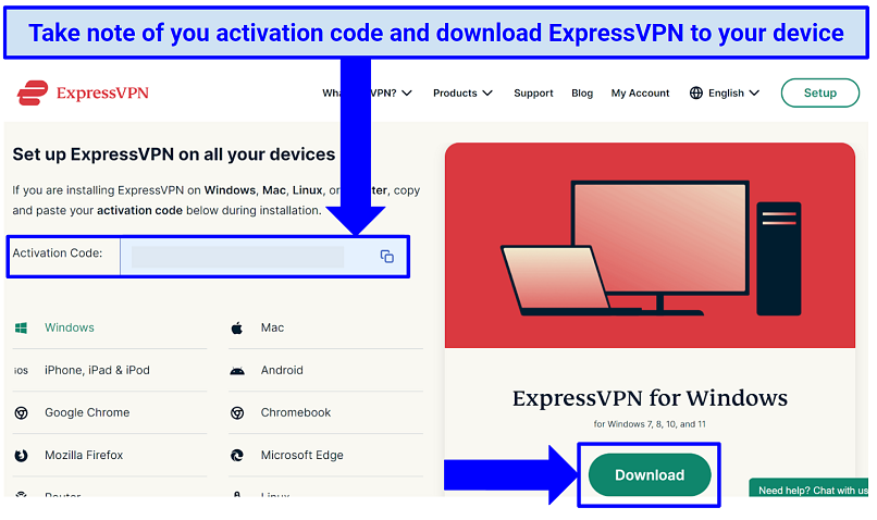 Zrzut ekranu strony pobierania klienta ExpressVPN