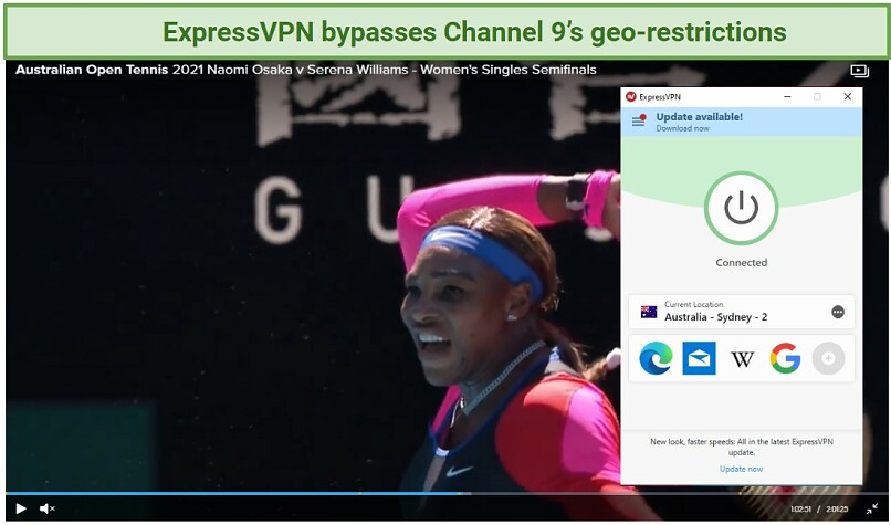 Screenshot of Channel 9 player streaming the Australian Open and ExpressVPN UI