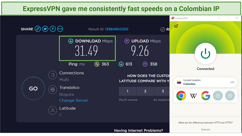 Screenshot of speed test results while connected to a Colombian ExpressVPN server