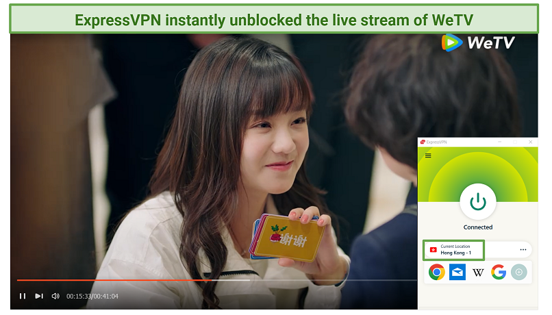 Image showing ExpressVPN unblocking and accessing the live stream of WeTV with its China (Hong Kong) server.