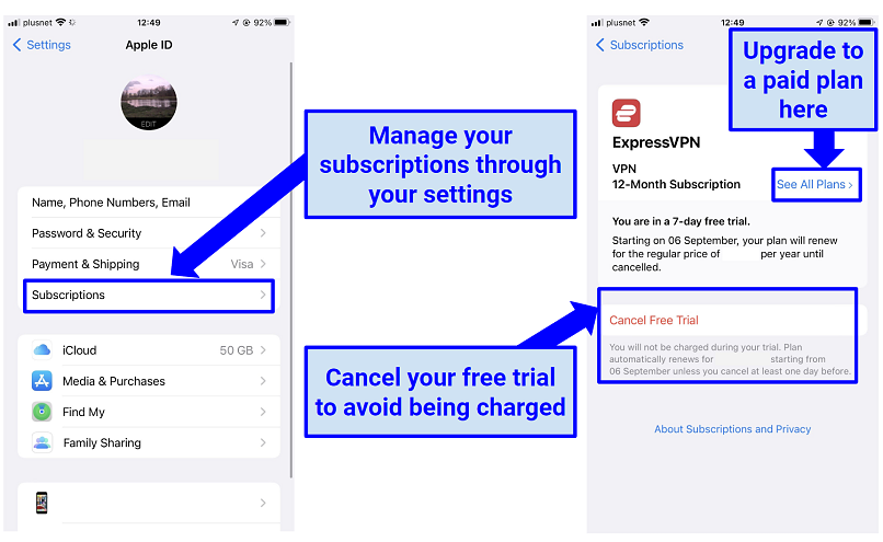 Screenshot of canceling ExpressVPN's 7-day free trial through mobile settings
