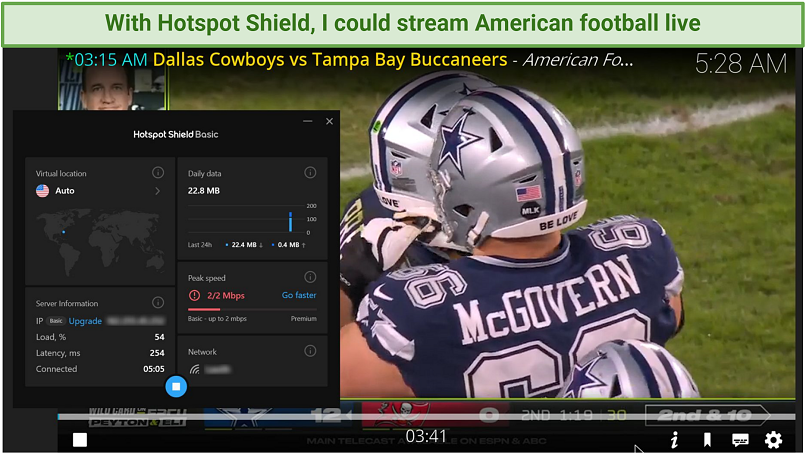 A screenshot streaming American football live using Hotspot Shield's US server
