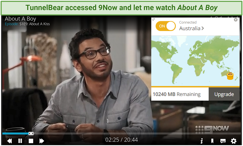 TunnelBear's free version easily unblocking 9Now when connected to an Australian server.