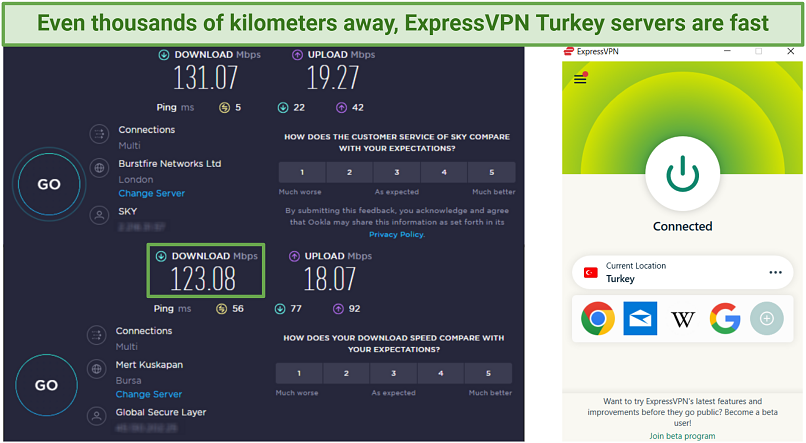 Screenshot of ExpressVPN's impressive speeds when connected to a server in Turkey.