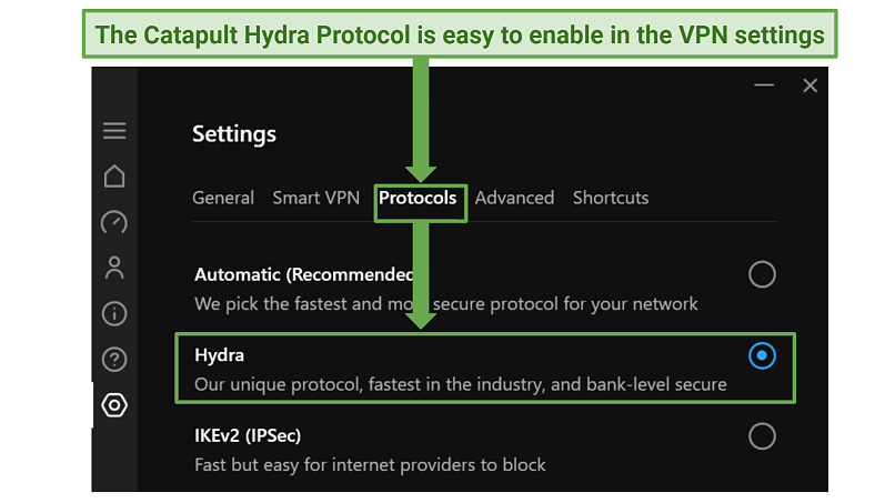 Screenshot showing how to access the Hydra protocol on Hotspot Shield VPN app