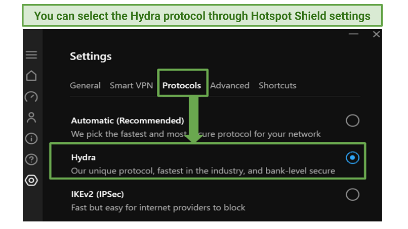Screenshot showing how to access the Hydra protocol in Hotspot Shield app.