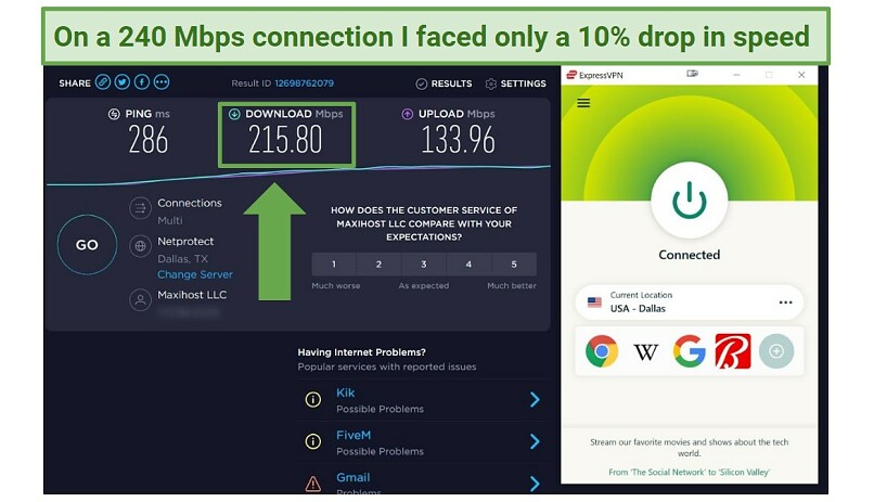Screenshot of speed test with ExpressVPN connected to US server