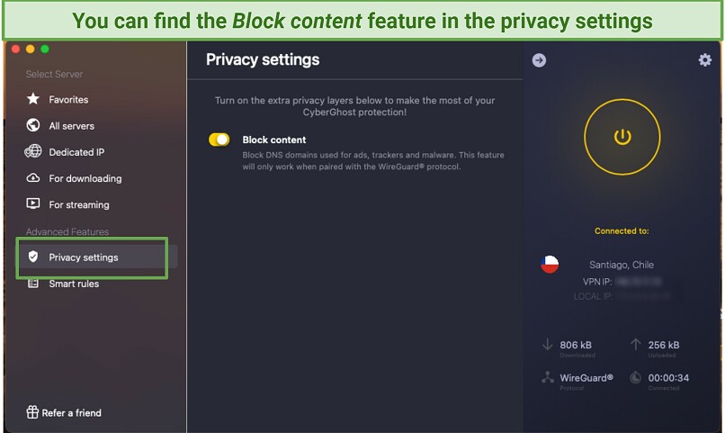 Screenshot of how to activate CyberGhost's Block content feature