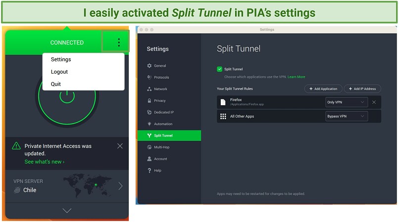 screenshot of enabling split tunnel option in PIA's settings