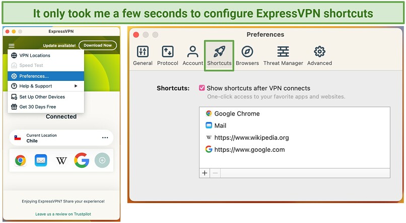 screenshot of ExpressVPN shortcuts feature
