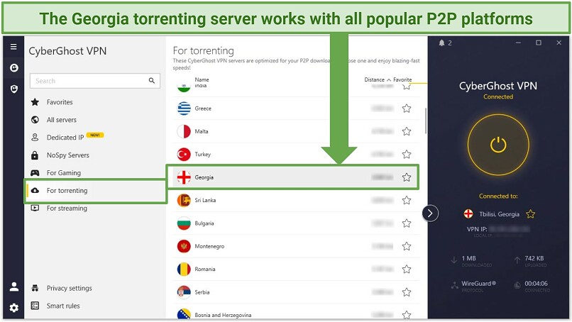 Screenshot of the CyberGhost interface showing the torrenting-optimized server in Georgia