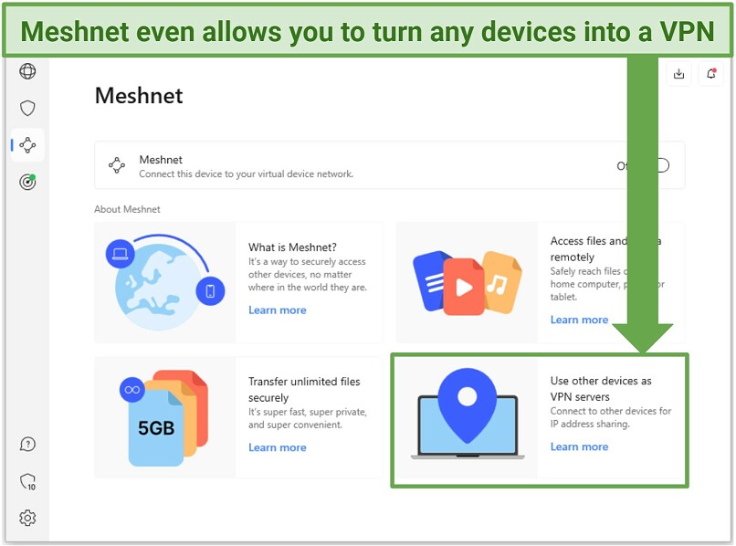 Screenshot of the NordVPN interface showing its Meshnet feature