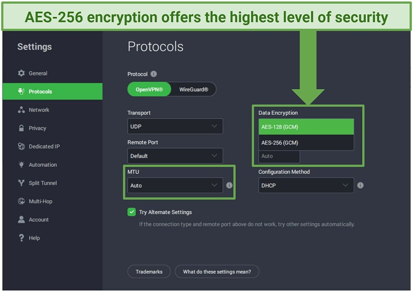 creenshot of the PIA interface showing available security configuration options