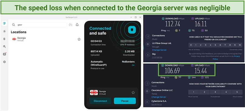 Screenshot showing speed test results with and without Surfshark connected to the Georgia server