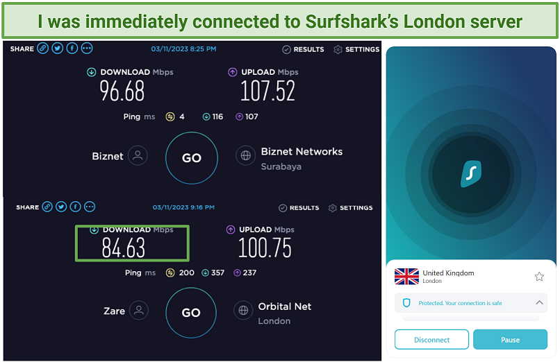 Screenshot of Surfshark speed tests showing only a 12% drop
