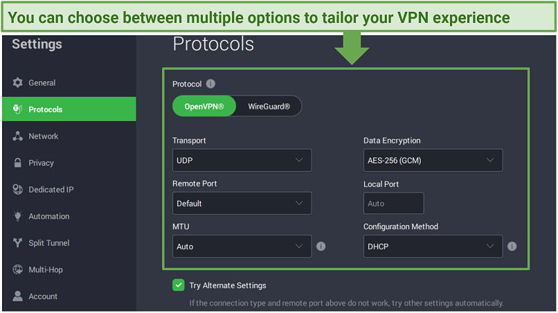 A screenshot showing Private Internet Access lets you customize your VPN experience.