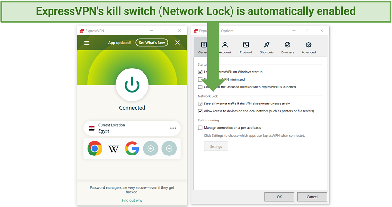 Screenshot of ExpressVPN's app, showing that it's kill switch is always on, helping protect your data from accidental exposure.