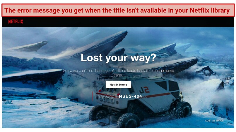 Screenshot of the error code NSES-404 I got when I searched for a title that is not available in my Netflix library
