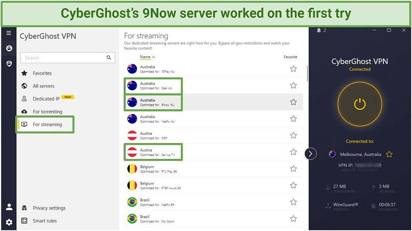 Screenshot of the CyberGhost interface showing servers optimized for 9Now, Stan Sport, and Servus TV