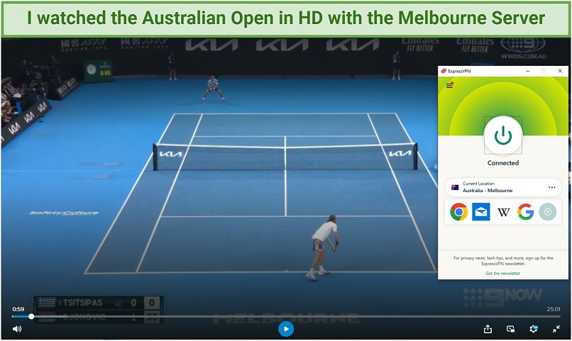 Screenshot of the Australian Open playing on 9Now with ExpressVPN connected to the Australian server