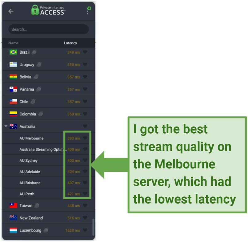 Screenshot of the PIA interface showing its server locations in Australia and their latency