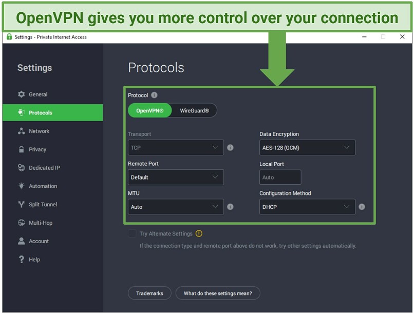 Screenshot of the PIA interface showing the different connection settings you can customize