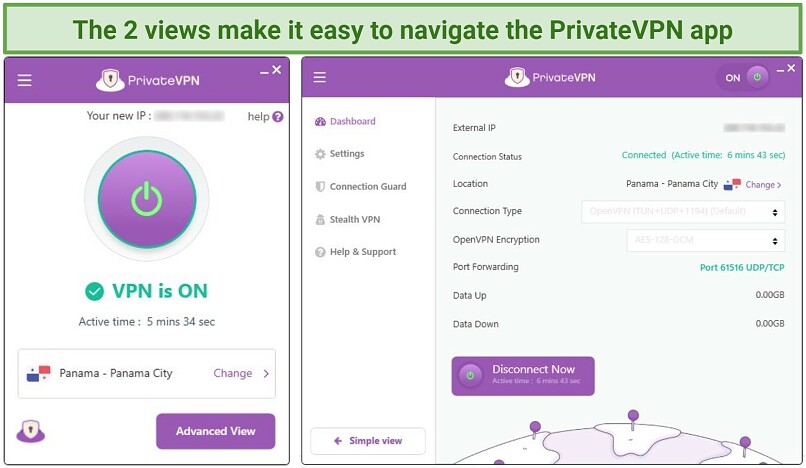 Screenshot of the PrivateVPN app showing the simple and advanced view