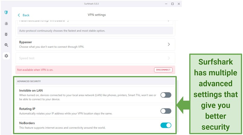 Screenshot of the Surfshark app showing its advanced security settings