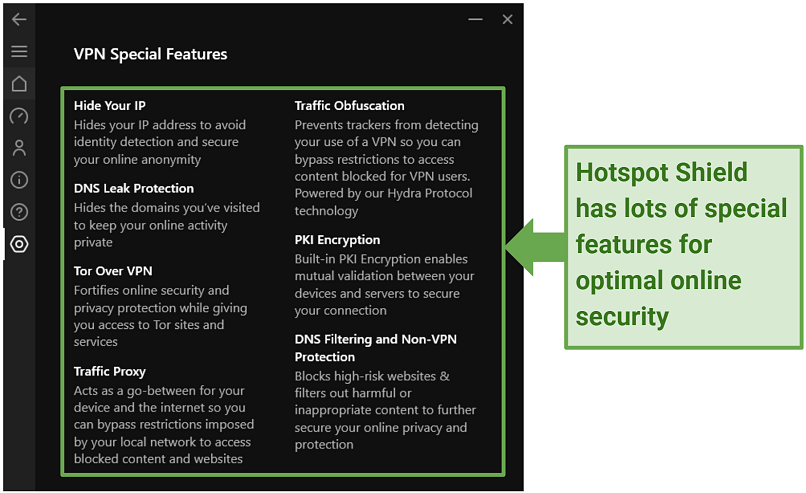 Screenshot of the Hotspot Shield app showing the VPN's special VPN features