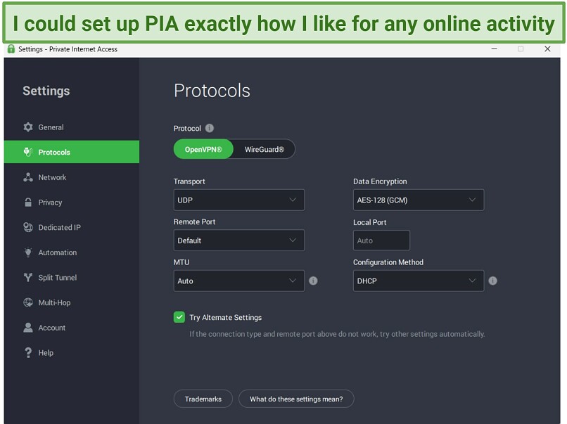 Screenshot of PIA's highly customizable performance and security settings.